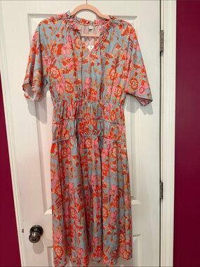 Light Blue Floral Tiered Midi Dress with Coral and Pink Flowers